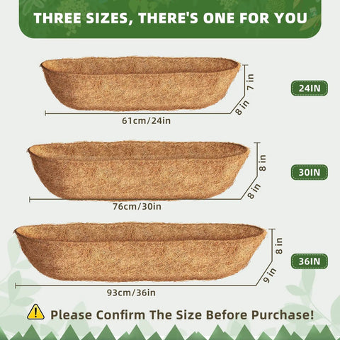 Image showing three sizes of trough coco liners: 24-inch, 30-inch, and 36-inch. Made from natural coconut coir fiber.