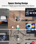 Top view of a desk setup with the Nine Outlet Tower Surge Protector With Four USB Ports And A 10 Ft Cord, Grounded Plug In Desktop Charging Station, 1080 Joules, Three Prong Power Strip For Home And Office, Black reducing clutter compared to a traditional power strip.