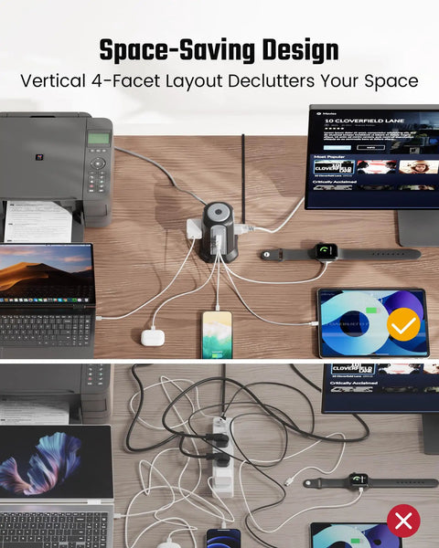 Top view of a desk setup with the Nine Outlet Tower Surge Protector With Four USB Ports And A 10 Ft Cord, Grounded Plug In Desktop Charging Station, 1080 Joules, Three Prong Power Strip For Home And Office, Black reducing clutter compared to a traditional power strip.