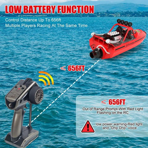 RC Boat For Kids And Adults, 2.4GHz Remote Control Boat With Bright LED Lights, Fast 20 MPH Jet Boat For Pool Lakes And Water Fun, Great Toy For Boys And Girls, Includes 2 Rechargeable Batteries For 40+ Minutes, Red, shown with remote control and 656ft range in water.