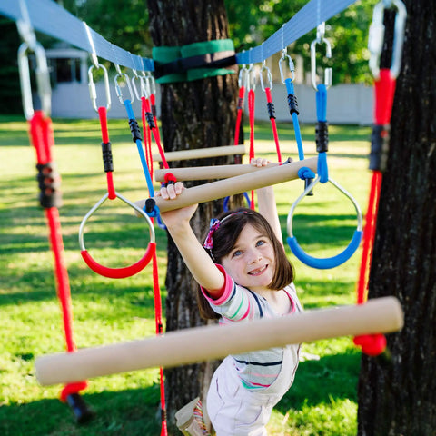 Child playing on 2 Pack Monkey Bars For Backyard Playset With Ninja Slackline Attachments For Slackline Obstacle Course And Home Playground Equipment Sets Durable Weatherproof Build For Year Round Outdoor Fun Kid Approved in backyard.