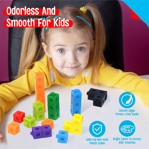 Child playing with 100 Piece Math Linking Cubes Set In 10 Bright Colors For Early Math, Counting, Building, and Creativity, Kid Friendly