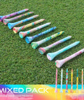 Multicolor Golf Tees Set, Bamboo Wood 100 Pack With Mixed Sizes displayed on grass.