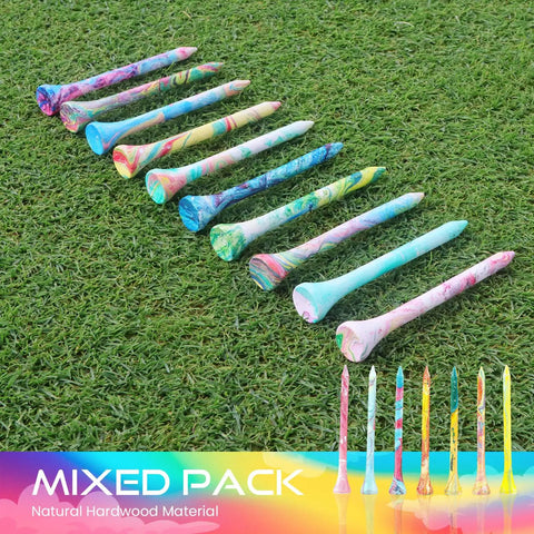 Multicolor Golf Tees Set, Bamboo Wood 100 Pack With Mixed Sizes displayed on grass.