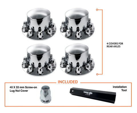 Four Pack 33mm Rear Wheel Covers For Semi Trucks And Big Rigs, Chrome Plated ABS Lug Nut Caps, with 40 Screw-On Nut Covers