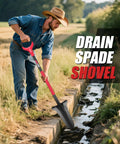 Man using Drain Spade Garden Shovel With Root Saw And Ergonomic Oval Steel Handle For Digging Trenching And Cutting Roots