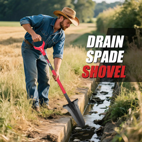 Man using Drain Spade Garden Shovel With Root Saw And Ergonomic Oval Steel Handle For Digging Trenching And Cutting Roots