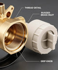 Heavy Duty Brass Three Port Shower Mixing Valve With Pressure Balancing Technology showing thread detail and grip knob.