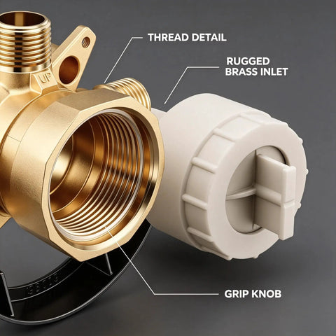 Heavy Duty Brass Three Port Shower Mixing Valve With Pressure Balancing Technology showing thread detail and grip knob.