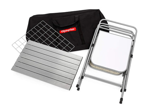 Portable Grill Table With Tons Of Prep Space For Camping, Tailgating, Picnics, And Boating, shown with foldable frame and carry bag