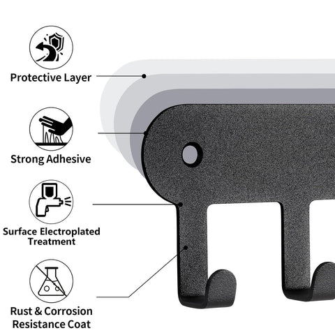 Close-up of Two Pack Wall Key Holder With Ten Hooks Each No Drill Self Adhesive Key Rack for Living Room Kitchen Bathroom and Garage Black Finish showing layers and materials used.