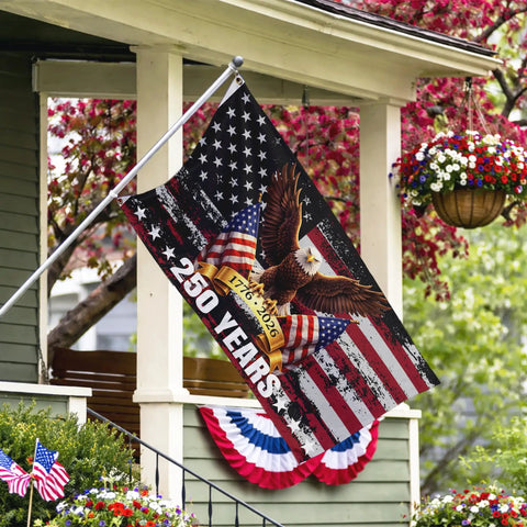 250th Anniversary USA Flag 3 By 5 Foot Double Sided All American Flag Commemorating 1776 To 2026 With UV Protection Weather Resistant Nylon on porch