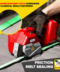 Battery Powered Premium Industrial Strapping Tool For Three Quarter Inch PET And PP with 4000mAh Bosch battery in use