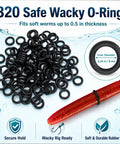 Worm Rig Tools Kit With 320 Wacky O Rings, black rings with red worm bait showing secure hold and rig readiness, aluminum tool set.