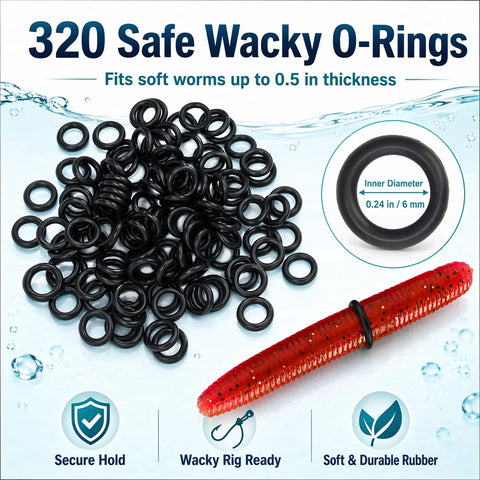 Worm Rig Tools Kit With 320 Wacky O Rings, black rings with red worm bait showing secure hold and rig readiness, aluminum tool set.