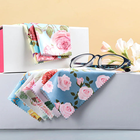 8-pack microfiber cleaning cloths, 7 x 6 in, multicolor floral pattern for eyeglasses, camera lenses, phones and screens
