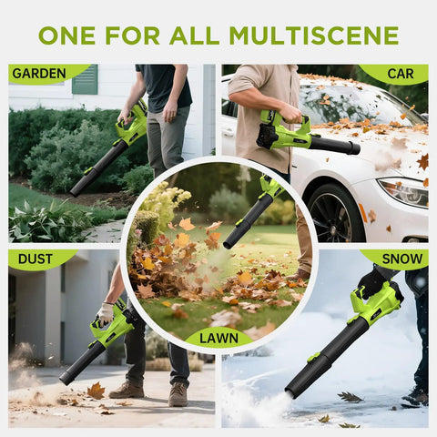 Cordless Leaf Blower 21V Power with Two 4.0Ah Batteries in use for garden, car, dust, lawn, and snow clearing.