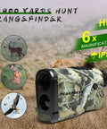 Range Finder For Huntin Up To 1400 Yards With 6X Magnification, Angle Compensation, Height Readout, Vibration Resistant Build For Tree Stand Bow Huntin And Rifle Shots, Delivers True Horizontal Distance On Slopes. Camouflage hunting rangefinder with 6x magnification