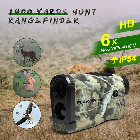 Range Finder For Huntin Up To 1400 Yards With 6X Magnification, Angle Compensation, Height Readout, Vibration Resistant Build For Tree Stand Bow Huntin And Rifle Shots, Delivers True Horizontal Distance On Slopes. Camouflage hunting rangefinder with 6x magnification