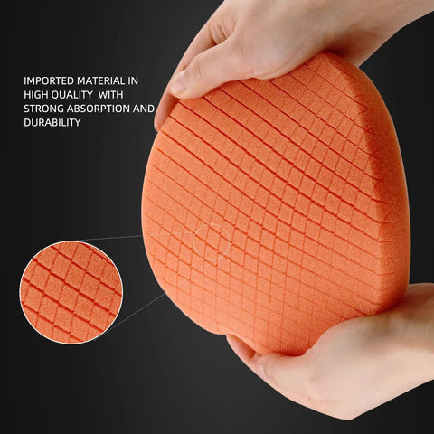 Close-up of orange buffing pad from Five Piece Seven Point Five Inch Buffing Polishing Pad Kit showing texture and hands holding pad