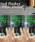 6 In 1 Stud Finder Wall Scanner With Cross Line Laser Detect Wood Studs And Live AC Wires Dual Bubble Levels Built In Ruler For Handy DIY Home Improvement Projects. Wall scanner on drywall with sound alert, green and red detection lights