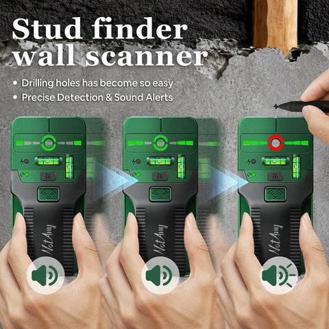 6 In 1 Stud Finder Wall Scanner With Cross Line Laser Detect Wood Studs And Live AC Wires Dual Bubble Levels Built In Ruler For Handy DIY Home Improvement Projects. Wall scanner on drywall with sound alert, green and red detection lights