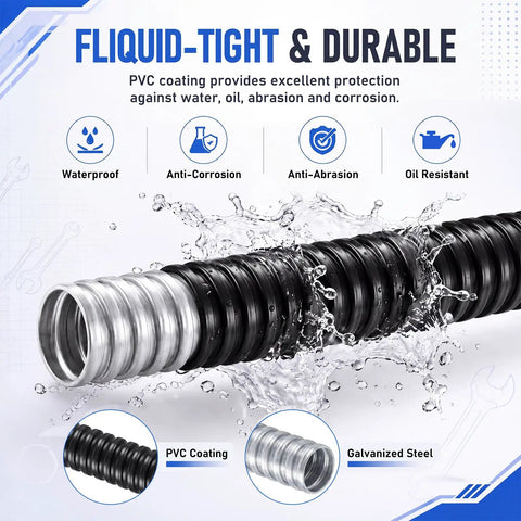 Rock Solid Black Liquid Tight Flexible Conduit For Electrical Wiring And Cable Management 25 Foot 1 Inch Galvanized Steel Hose with PVC coating
