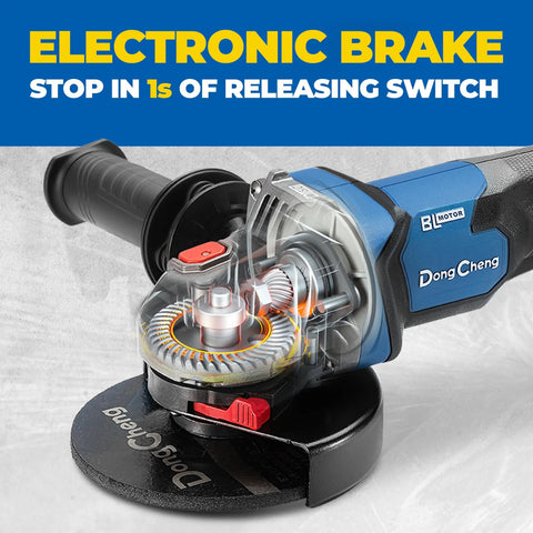 Cordless Angle Grinder Kit With Paddle Switch 20V 4-1/2 Inch 9000 RPM For Cutting Grinding Polishing Includes 6 Discs And 4.0Ah Battery Plus DSC Protection And No Lock On Paddle. Electronic brake detail