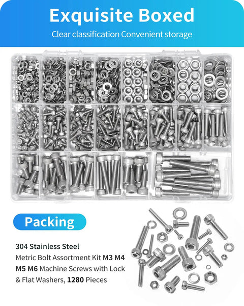 Metric Screw Assortment Kit 1280 Pcs M3 M4 M5 M6 Hex Socket Head Cap Screws Nuts Lock And Flat Washers Stainless Steel 304