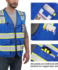 High Visibility Reflective Safety Vest With Reinforced Pockets And Heavy Duty Construction For Men And Women, featuring blue mesh and multiple pockets.