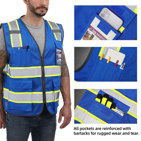 High Visibility Reflective Safety Vest With Reinforced Pockets And Heavy Duty Construction For Men And Women, featuring blue mesh and multiple pockets.