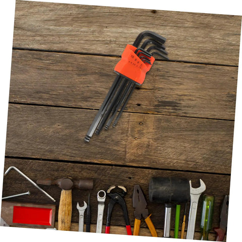 Super Cool L Shaped Hex Wrench Set With Ergonomic Grip And High Carbon Steel Build For Tough Bike Repairs And Home Fix-Ups That Reduce Hand Strain While Keeping Your Toolkit Rock Solid And Ready To Roll Anytime You Need It. 9-piece hex key set in orange holder