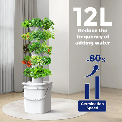 Hydroponics Growth System Kit With 5 Layer Vertical Tower And 30 Planting Holes in a room showing water efficiency and growth benefits.