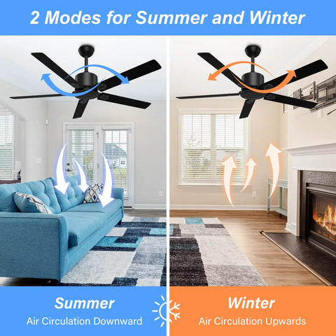 52 Inch Black Modern Ceiling Fan No Light With Five Blades Dual Finish Six Speed Quiet DC Motor Reversible in living room