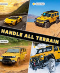 Four yellow vehicles on expressway, mountain, dirt road, and snowfield showcasing off-road capabilities.