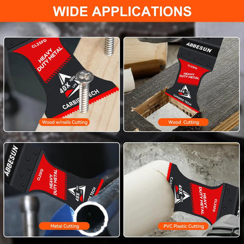 Four Pack Carbide Tipped Oscillating Multi Tool Blades For Cutting Embedded Nails Flush Wall Touch Ups Remodels Built Tough To Handle Daily Grind Without Folding Or Chipping showcased in various applications including wood, metal, and PVC cutting.