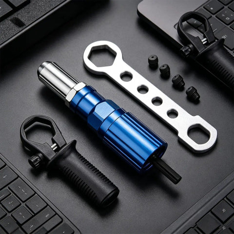 Rivet Adapter Drill Kit For Quick Auto Body Repairs, Cordless Riveting System with durable metal head and tools.