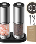 Rechargeable Electric Salt And Pepper Grinder Set With LED Display 115ml Large Capacity Stainless Steel Mills on base