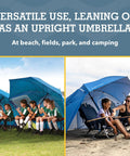 UPF 50 Plus Go-To Sun And Rain Canopy Umbrella for beach sports and camping, showcasing versatile use at beach and field.