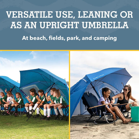 UPF 50 Plus Go-To Sun And Rain Canopy Umbrella for beach sports and camping, showcasing versatile use at beach and field.