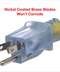Heavy Duty Outdoor Extension Cord 100 Ft Green With Lighted Connector 12/3 SJTW close-up of nickel-coated brass blades