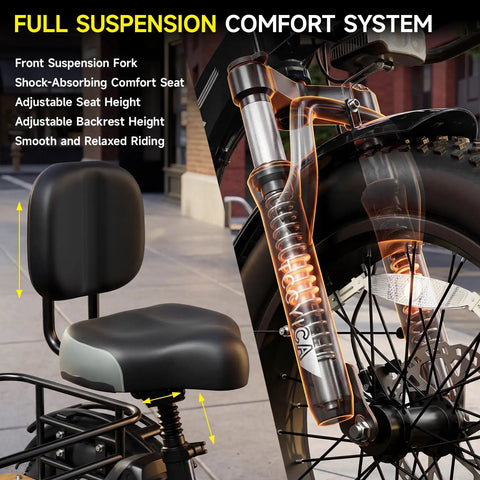 Beast Fat Tire Electric Tricycle For Adults With Three Wheel Ebike, 750W Hub Motor Peak 1350W, 52V 25Ah Removable Battery, 50 Mile Range, 7 Speed, 4 Piston Hydraulic Brakes, Cargo Rack, Black Build rear suspension fork and adjustable comfort seat