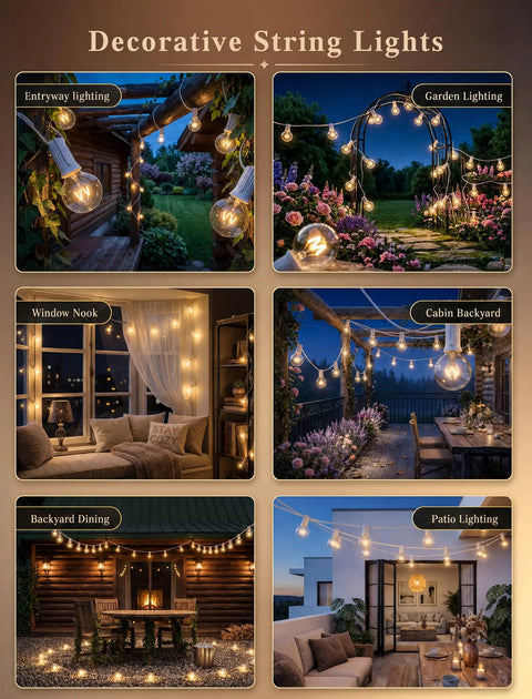 Outdoor String Light Set G40 100 Feet With 105 Edison Glass Bulbs, showcasing diverse lighting setups for various outdoor spaces.