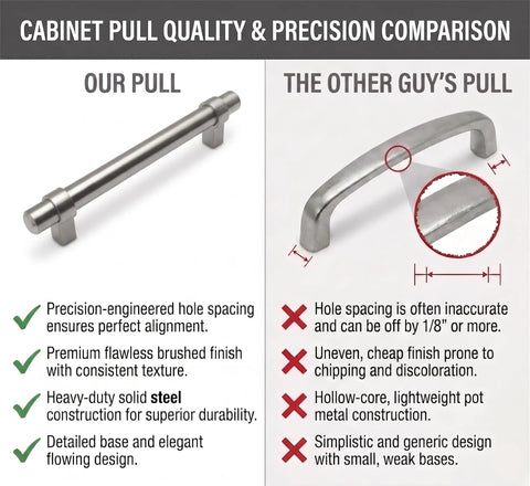 Comparison of 10 Pack Satin Nickel Bar Cabinet Handles Pulls with focus on precision-engineered solid steel vs hollow lightweight material.