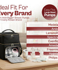 Grab And Go Breast Pump Travel Bag With Ice Pack Insulated Double Layer Leak Proof Milk Cooler Tote Fits Spectra S1 S2 And Standard Pumps Black showing compatibility with various pump brands.