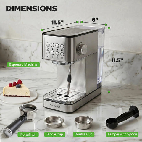 This Twenty Bar Espresso Maker Delivers Rich Bold Flavor With An Integrated Milk Frother And Roomy Removable Tank For Serving Silky Lattes And Americanos Through The Day In Premium Stainless Steel Housing with accessories.