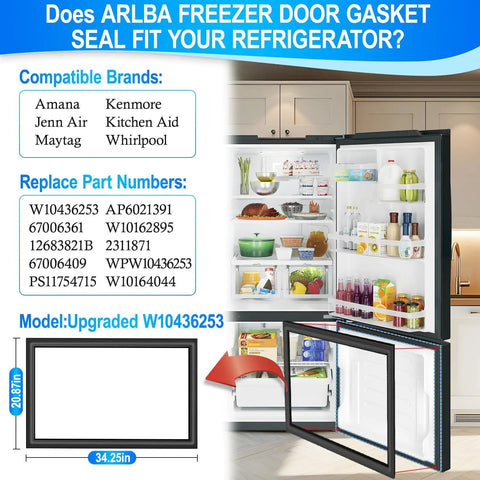 Image of upgraded 34.2 by 20.8 inches freezer door gasket replacement for refrigerator seal, shown installed in a fridge.