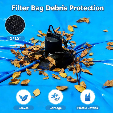 Half Horsepower Pool Cover Pump With Automatic On Off 3500 GPH Submersible Water Pump Includes Filter Net on blue pool cover