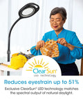 Two In One ClearSun LED Magnifier Light Floor And Table Lamp For Crafting Sewing Reading And Needlework Hands Free Optical Grade Magnification With Bright Natural Light For Your DIY Projects, showing a person knitting under the lamp.