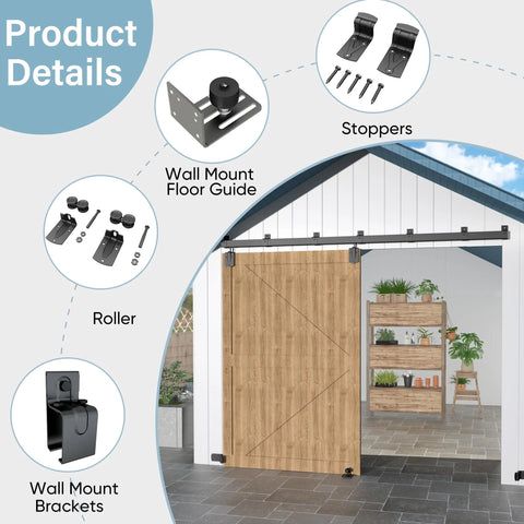 Outdoor Heavy Duty Exterior Barn Door Hardware Kit With Box Rail System For One Door Not Included 450 Lbs Capacity Black Weather Resistant Finish Ideal For Sheds Garages Stables And Outdoor Barns shown installed in outdoor barn setting with components labeled.